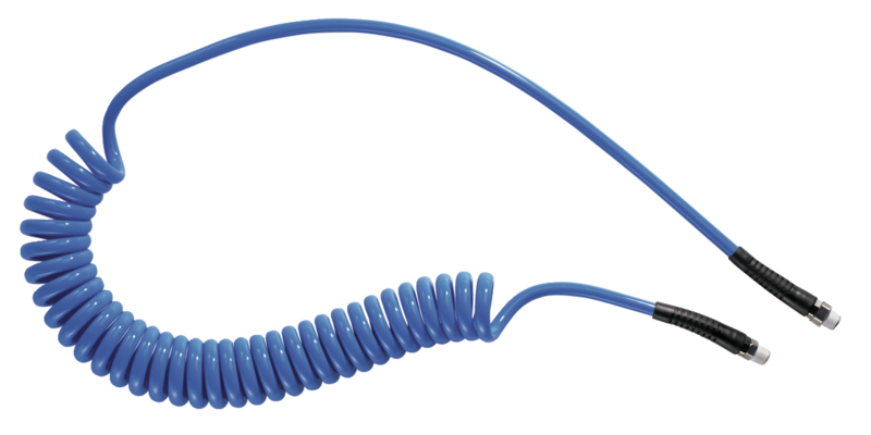 Tuyau spiralé polyuréthane : équipé de raccords mâles fixes Filetage mâle BSPT = R 1/4 Ø int./ext. = 6,5 x 10 Longueur Maxi = 8