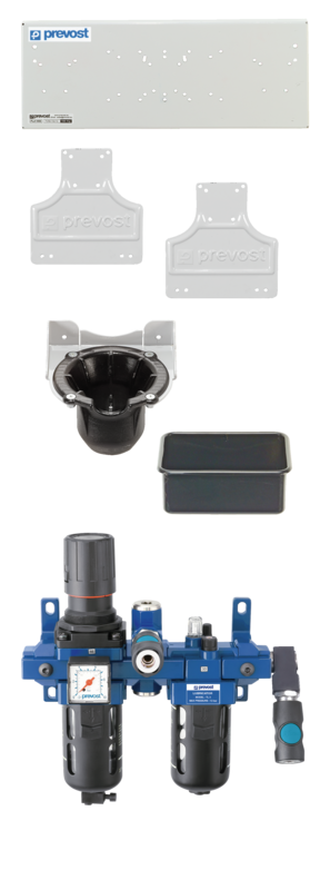 Ensemble avec platine de support, FRL avec sortie sèche, porte-outil et porte-boulons Composition = -1 platine PLA 1000
-2 supports PLA FIX
-1 porte-outil PLA TH
-1 porte-boulons PLA BB
-1 FRL avec sortie sèche TB SME3
-1 Coupleur ISO 6150 B diamètre de