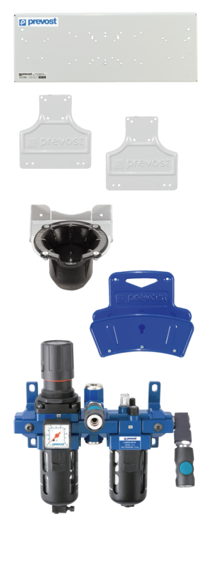 Ensemble avec platine de support, FRL avec sortie sèche, porte-outil et porte-tuyau Composition = -1 platine PLA 1000
-2 supports PLA FIX
-1 porte-outil PLA TH
-1 porte-tuyau PLA HR
-1 FRL avec sortie sèche TB SME3
-1 Coupleur ISO 6150 B diamètre de pass
