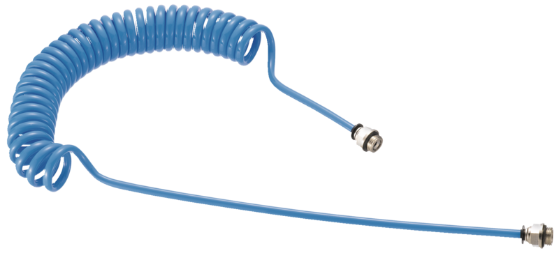 Mini tuyau spiralé polyuréthane équipé de raccords instantanés Conex - RPD MG Filetage mâle BSPP = G 1/8 Ø int./ext. = 2,5 x 4  Longueur Maxi = 2