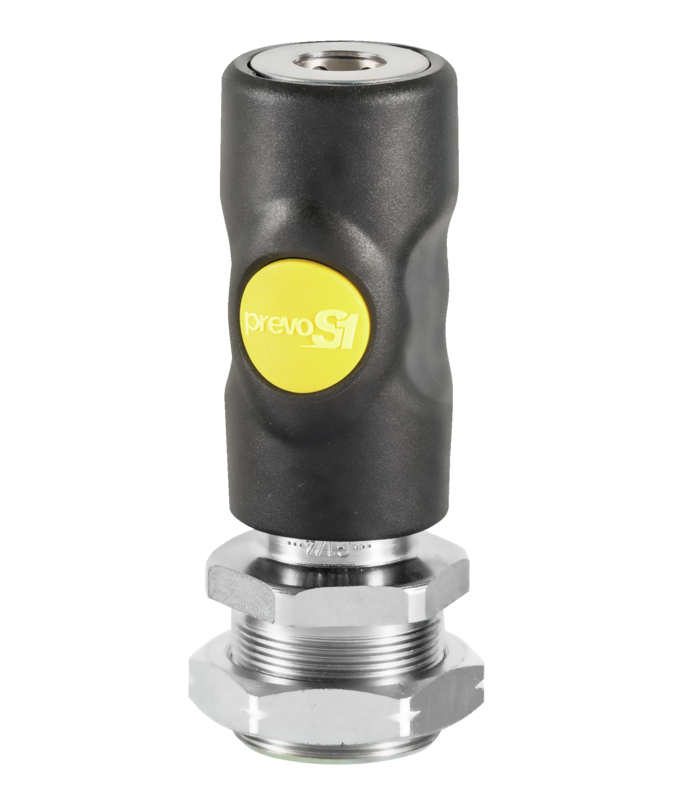 Coupleur Profil ARO 210 passage 6 mm ISO 4414 fileté femelle pour traversée de cloison Filetage mâle BSPP = G 1/4
Ø de perçage = 27 mmEpaisseur de la cloison = 11 mm