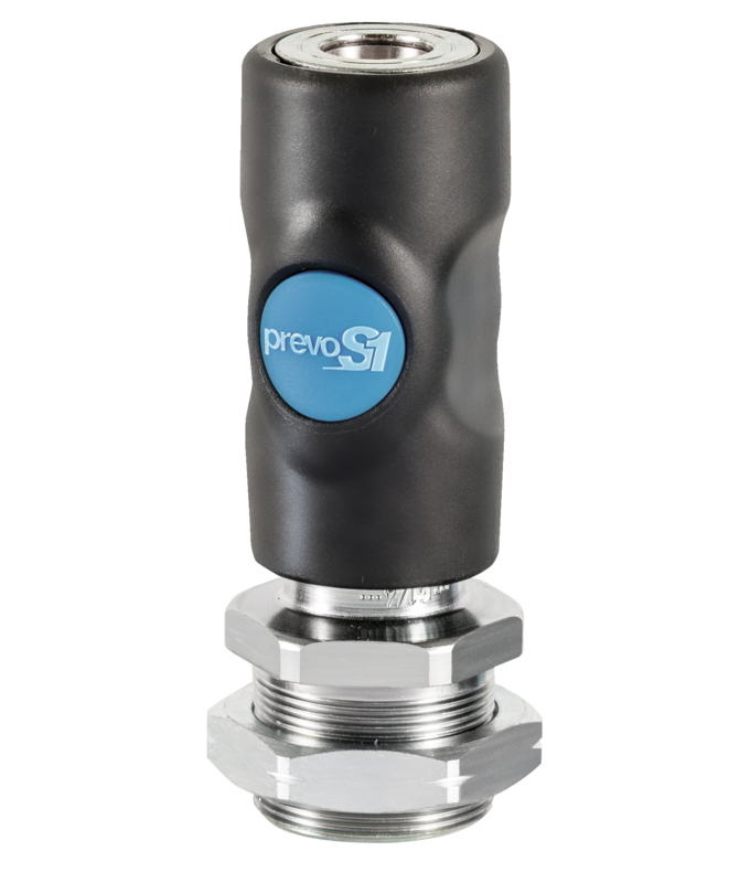 Coupleur ISO 6150 B diamètre de passage 6 mm fileté femelle pour traversée de cloison Filetage femelle BSPP = G 1/4 Ø de perçage = 27 Epaisseur de la cloison = 11