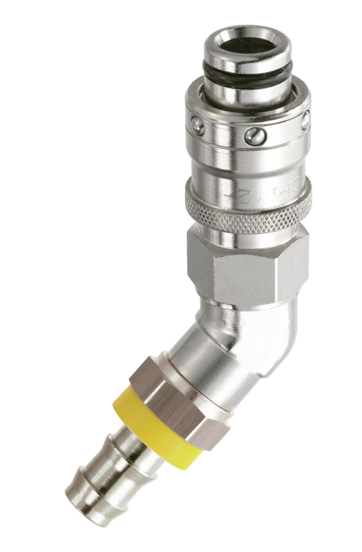 Fiche Coupleur refroidissement moule passage 8 mm  135° pour flexible auto-serreur Pour tuyau Ø int. = 13 mm 