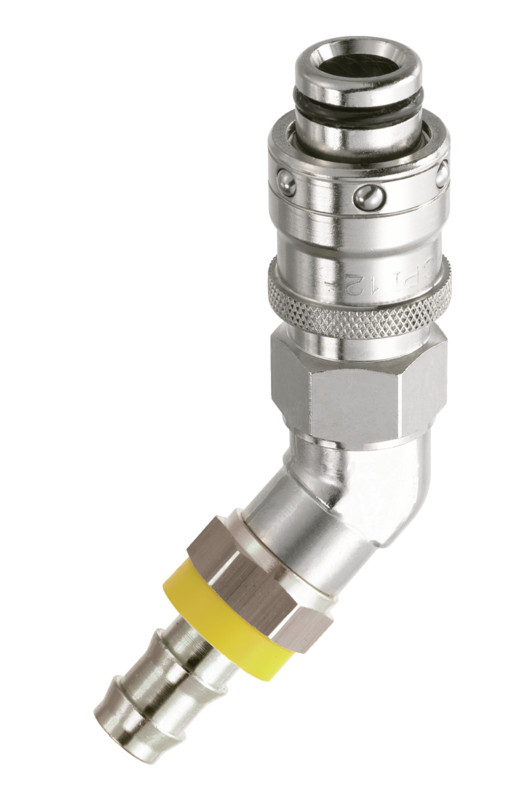 Fiche Coupleur refroidissement moule passage 8 mm 135° pour flexible auto-serreur Pour tuyau Ø int. = 10 mm