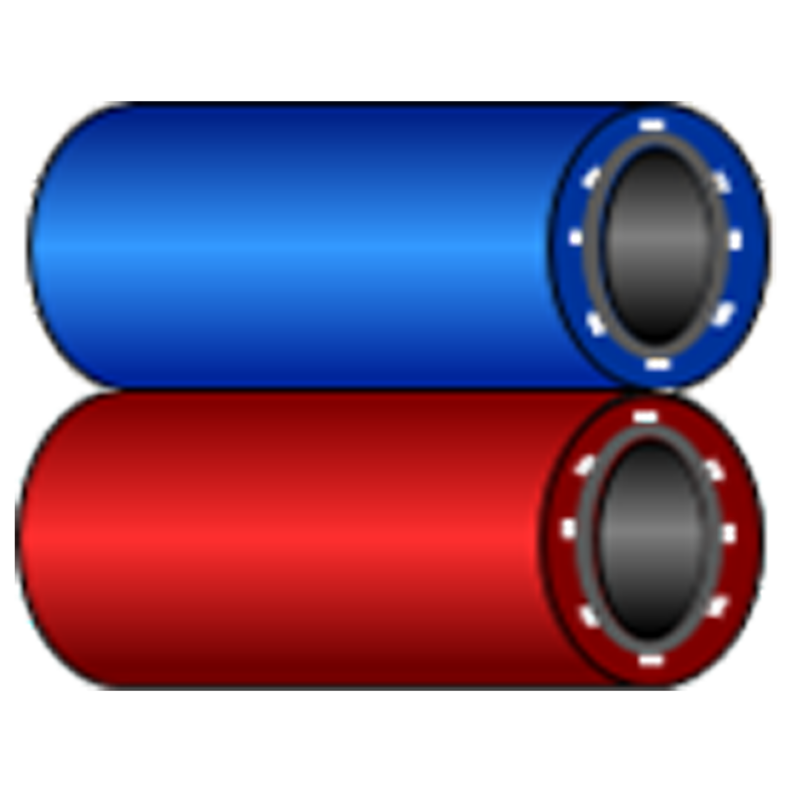 Tuyau double Bleu et Rouge Acétylene et Oxygéne soudure ISO 5175 et NF EN 730 Conforme aux profils de connexion ISO 7289 et NF EN 561conduit désolidarisable (20 m) Ø int./ext. = 6 x 12 Rayon de courbure = 55 mm