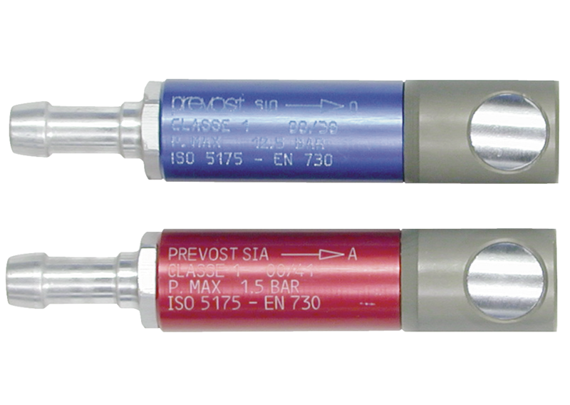 Coupleur anti retour flamme Oxygene et Acétylene soudure ISO 5175 et NF EN 730 Conforme aux profils de connexion ISO 7289 et NF EN 561 pour protection du soudeur Pour tuyau Ø int. = 10 mm  