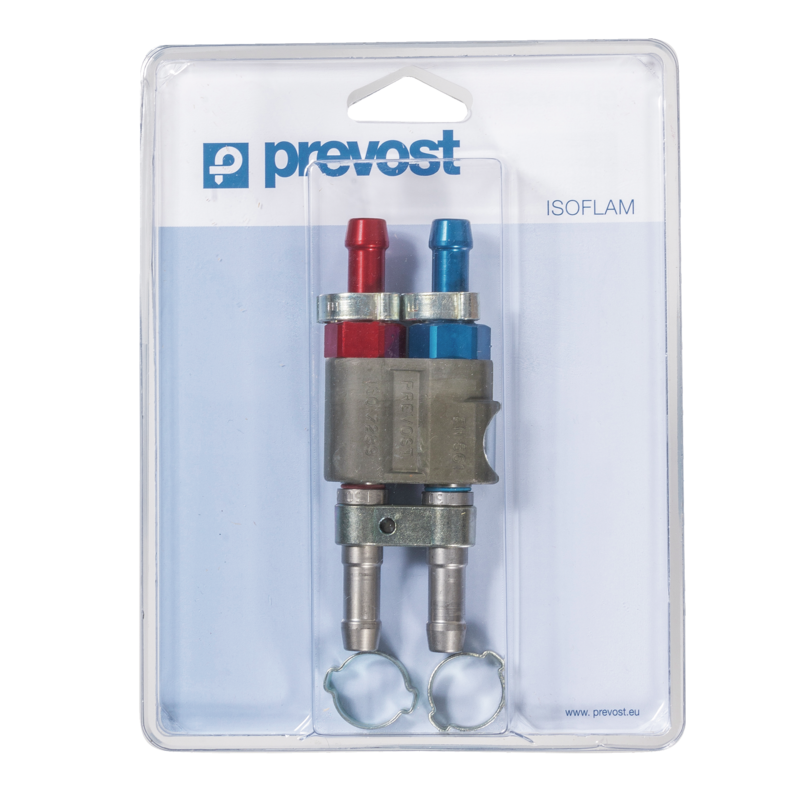 Raccords et abouts DUO Oxygene et Acétylene soudure ISO 5175 et NF EN 730 Conforme aux profils de connexion ISO 7289 et NF EN 561 de sécurité pour rallonge Sortie tuyau Ø = 6 x 12 Entrée côté détendeur / Tuyau Ø = 6 x 12 pour rallonge Sortie tuyau Ø = 6