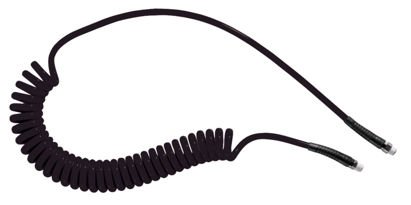Tuyau spiralé polyuréthane Noir : équipé de raccords mâles fixe et rotatif Filetage mâle BSPT = R 1/4 Filetage mâle NPT = Ø int./ext. = 6,5 x 10 Longueur maxi 4ml
