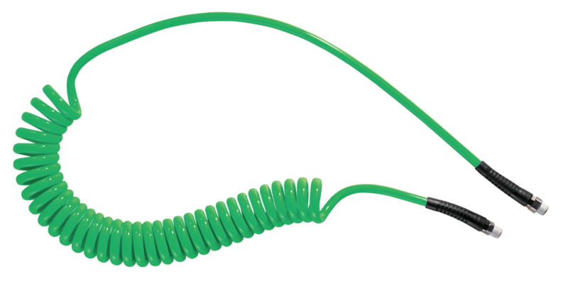 Tuyau spiralé polyuréthane Vert : équipé de raccords mâles fixe et rotatif Filetage mâle BSPT = R 1/4 Filetage mâle NPT =  Ø int./ext. = 6,5 x 10 Longueur maxi 6ml