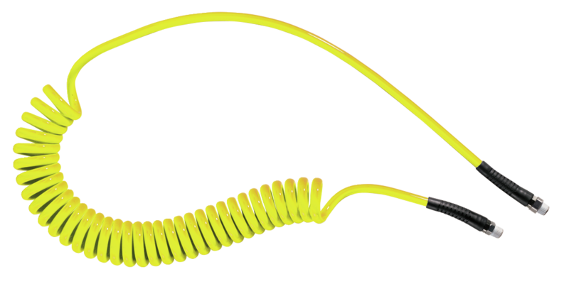 Tuyau spiralé polyuréthane Jaune : équipé de raccords mâles fixe et rotatif Filetage mâle BSPT = R 1/4 Filetage mâle NPT =  Ø int./ext. = 6,5 x 10 Longueur maxi 4 ml