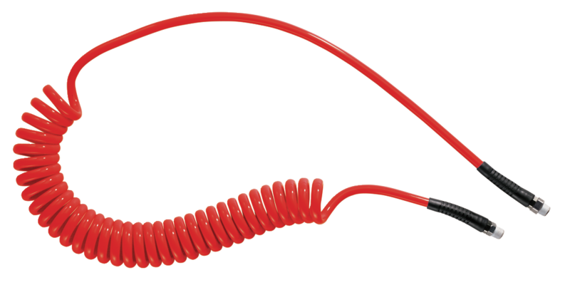 Tuyau spiralé polyuréthane Rouge : équipé de raccords mâles fixe et rotatif Filetage mâle BSPT = R 1/4 Filetage mâle NPT =  Ø int./ext. = 6,5 x 10 Longueur maxi 6ml