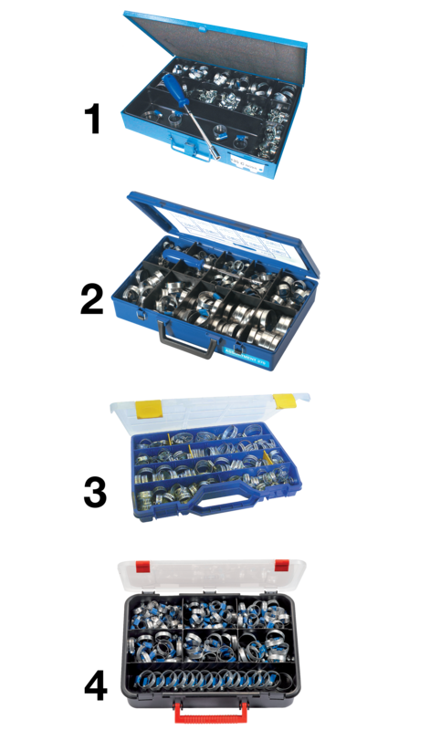 Boîtes d'assortiment Composition = (1) Malette métallique comprenant :
133 colliers à vis :
- 80 types minis PBM :
10 x PBM 8
20 x PBM 10
20 x PBM 12
10 x PBM 14
10 x PBM 16
10 x PBM 17
- 53 types standards PBS :
10 x PBS9 1117
20 x PBS9 1