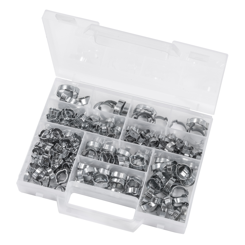 Boîte assortiment colliers à 2 oreilles Composition = Comprend un assortiment de 213 colliers à 2 oreilles type standard PREVOST :
- 47 x 0911
- 35 x 1113
- 50 x 1315
- 36 x 1518
- 28 x 1720
- 9 x 2023
- 8 x 2327