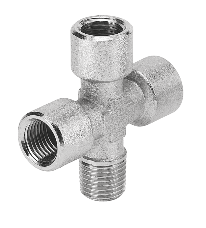 Croix égale mâle conique au centre / femelle cylindrique - A34 Filetage mâle BSPT = R 1/2 Filetage femelle BSPP = G 1/2 Filetage mâle NPT =