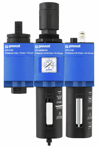ATU VANNE + FRL air comprimé Filetage femelle BSPP = G 1/2 Débit (l/min à 6 bar ?P = 1 bar) = 3 300 Filtration (µm) = 25