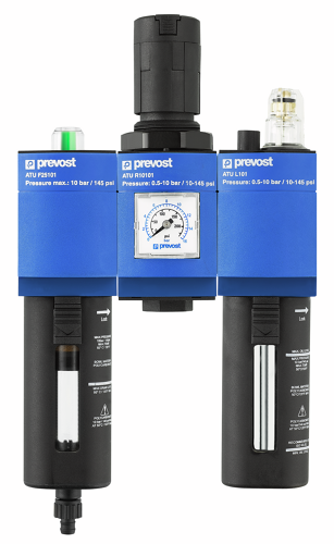 ATU ENSEMBLE FRL air comprimé Filetage femelle BSPP = G 1/2 Débit (l/min à 6 bar ?P = 1 bar) = 3 500 Filtration (µm) = 25