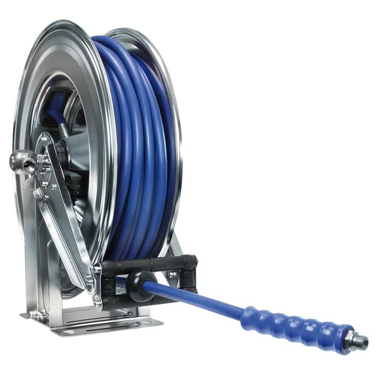 Enrouleur lavage haute pression Inox 304 Tuyau caoutchouc Bleu renforcé 2SN HP Ø int = 8 Long. = 20 ml